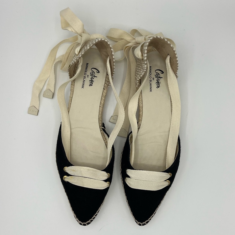 Manolo Blahnik Black and Cream Espadrille Lace-Up Flats - Picture 3 of 8